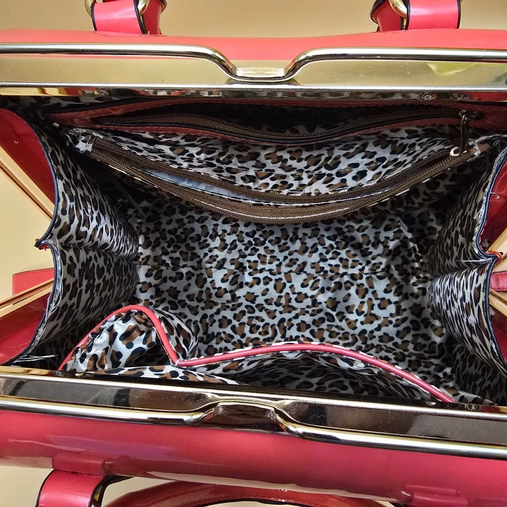 Coral Pink Patent Faux Leather Doctor Bag Satchel Leopard Print Lining Vintage
